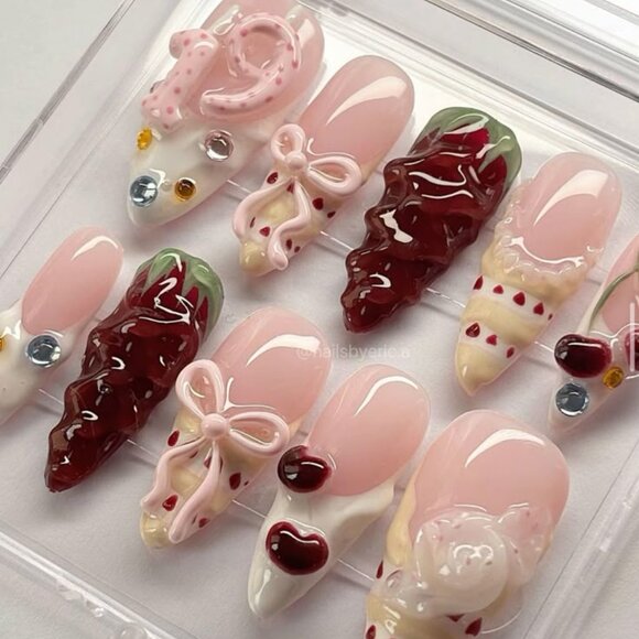 Other - Cute 3D Dessert & Fruit Press-On Nails - Strawberry Cherry Bow Nail Art M7
